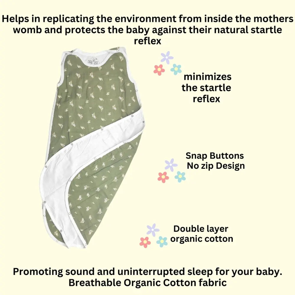 Maaiee Green Jasmine sleep bag providing womb-like softness for a calm relaxed feeling