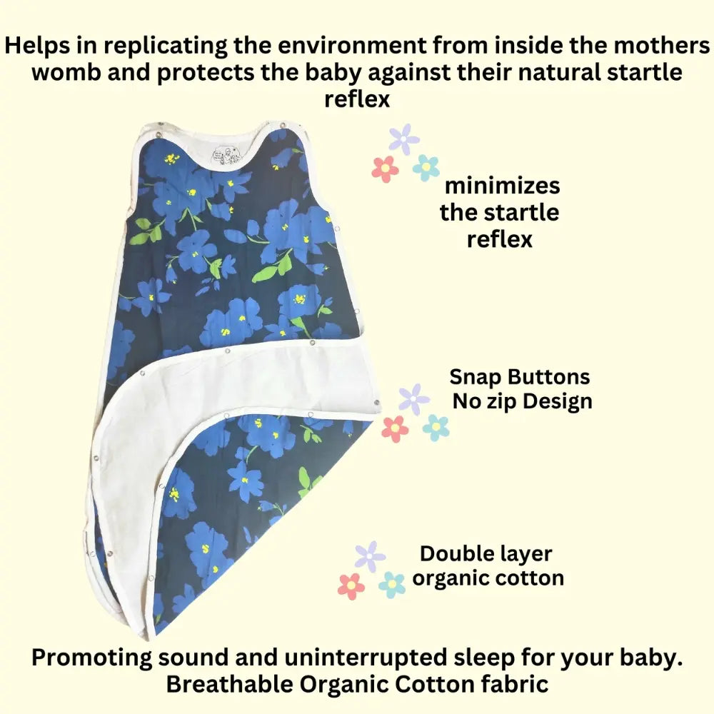 Maaiee Little Blossoms sleep bag featuring hip-friendly comfort and a cotton snap button design