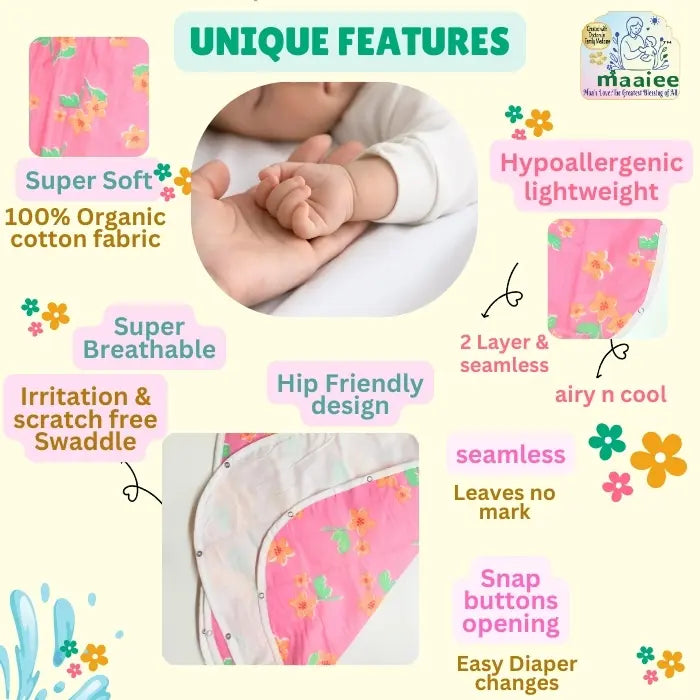 Maaiee Pink Flounder sleep bag offering a diaper-friendly fit that supports relaxed movement