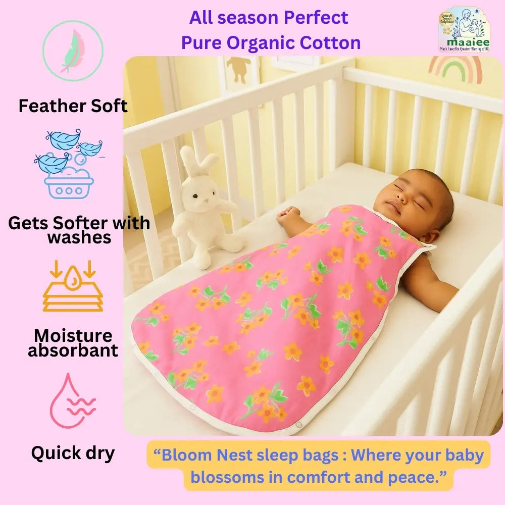 Maaiee Pink Flounder sleep bag with hip-friendly spacing enhanced by a gentle cotton snap button