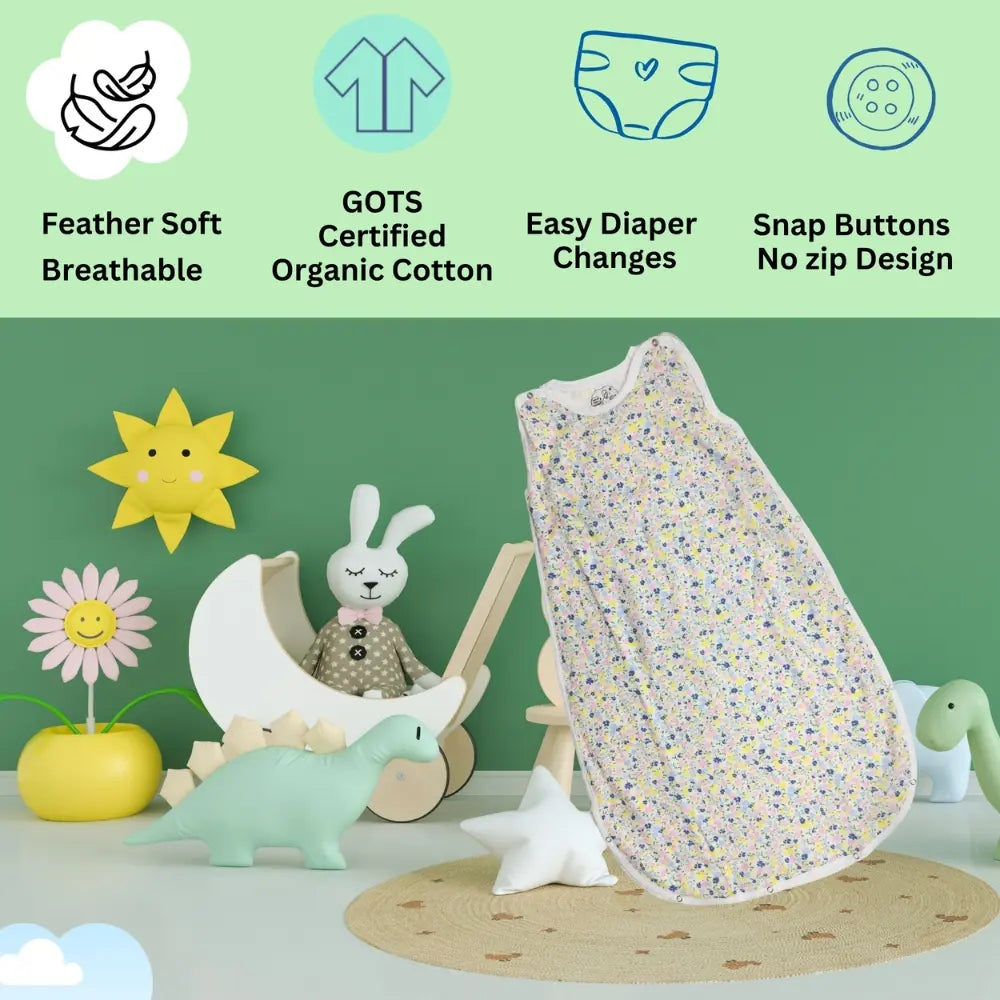 Maaiee sleep bag in the Sky Bloom pattern designed for gentle baby comfort