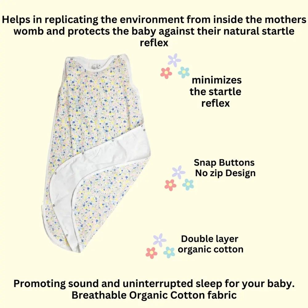 Maaiee sky bloom sleep bag designed with a gentle secure wrap for womb-like comfort
