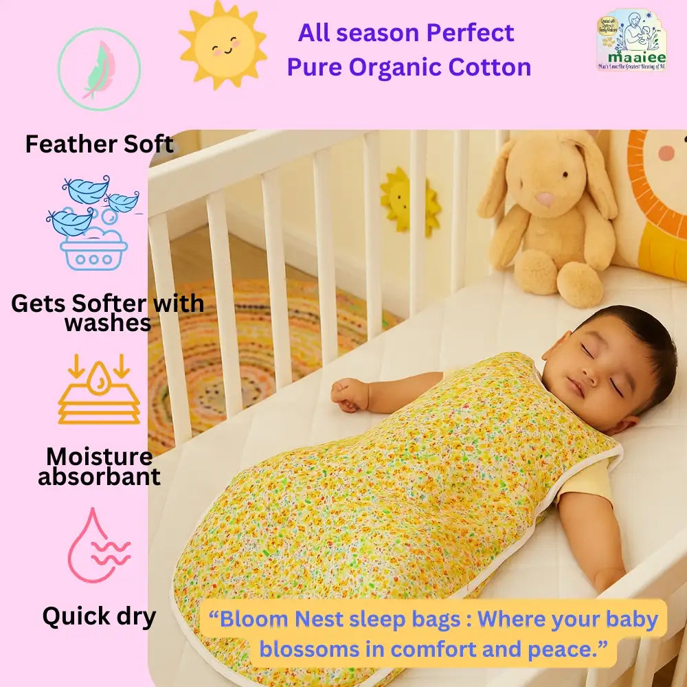 Maaiee Yellow Lily sleep bag with hip-friendly spacing and a soft pure cotton snap button