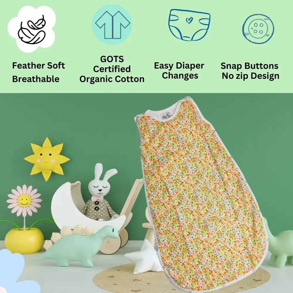Maaiee sleep bag in the Yellow Lily pattern crafted for soft comfortable baby rest