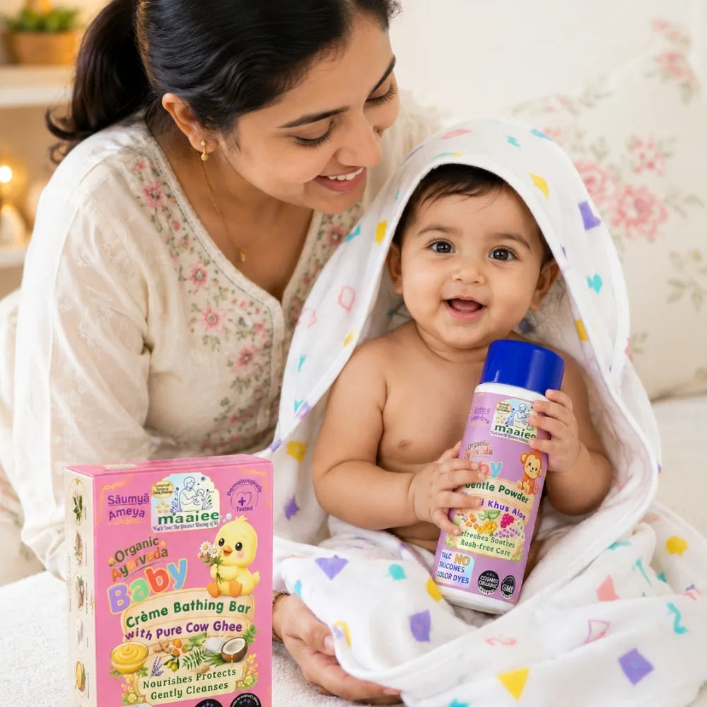 Maaiee baby soap, talc-free powder and soft towel set with cow ghee cleansing care and gentle newborn comfort