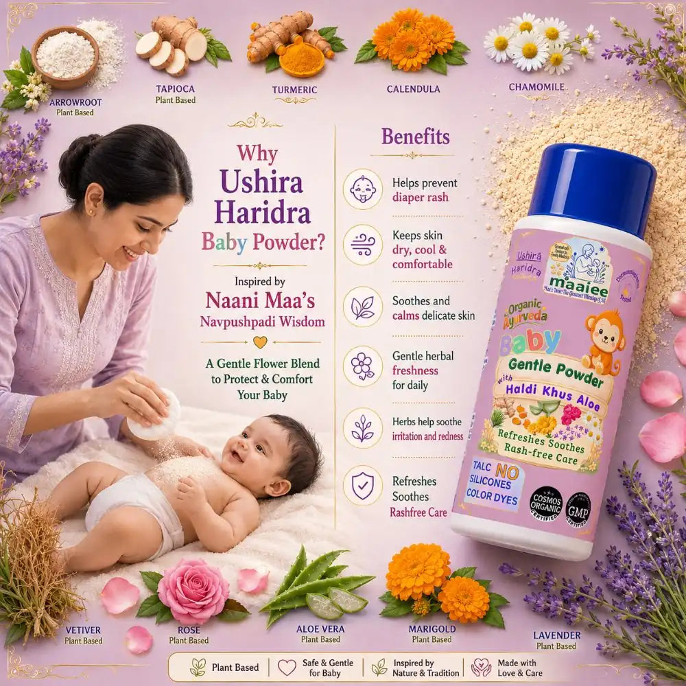 Maaiee talc-free baby powder for moisture control, gentle skin comfort and soothing daily baby care