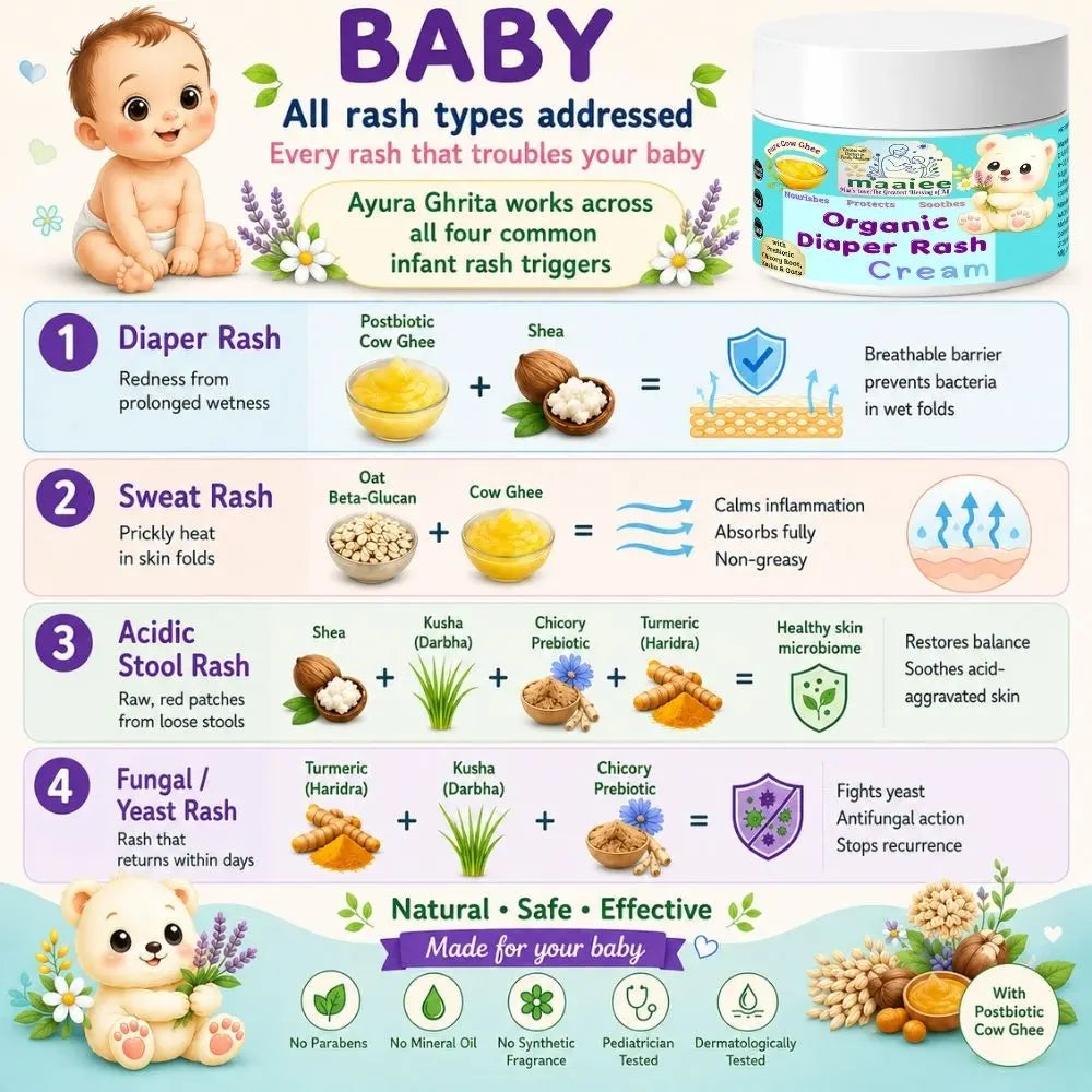 Maaiee baby diaper cream with prebiotic support, cow ghee care and soothing rash-prone skin comfort