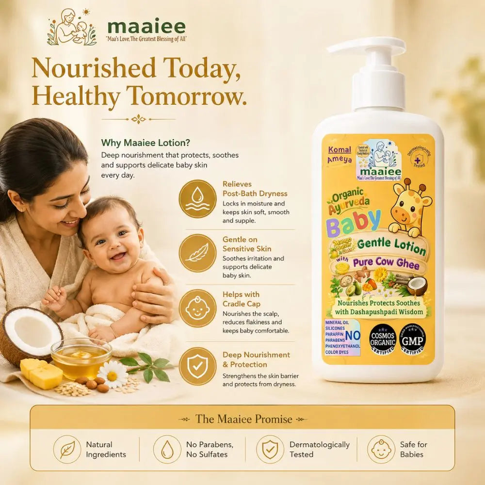 Maaiee baby lotion with cow ghee, botanical hydration and dermatologically tested newborn skin care