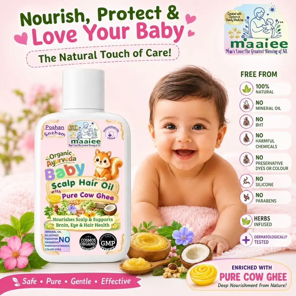 Maaiee baby hair oil with cow ghee, Ayurvedic scalp botanicals and dermatologically tested baby scalp care