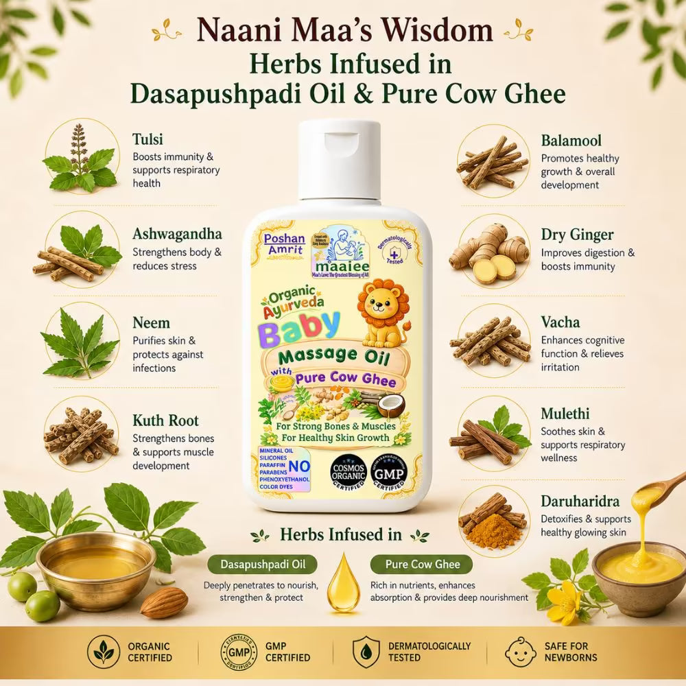 Maaiee baby massage oil with Tulsi, Ashwagandha, Dasapushpadi, cow ghee and Ayurvedic massage nourishment
