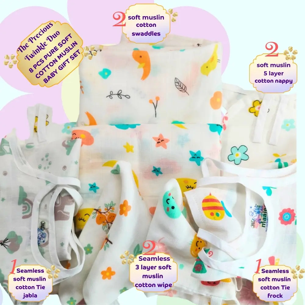 Maaiee Twinkle Duo 8-pcs pure muslin baby gift set showing two soft muslin swaddles, two 5-layer cotton nappies, seamless muslin tie jabla, seamless muslin frock, and two 3-layer soft muslin wipes in gentle colorful prints.