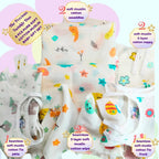 Maaiee Twinkle Duo 8-pcs pure muslin baby gift set showing two soft muslin swaddles, two 5-layer cotton nappies, seamless muslin tie jabla, seamless muslin frock, and two 3-layer soft muslin wipes in gentle colorful prints.