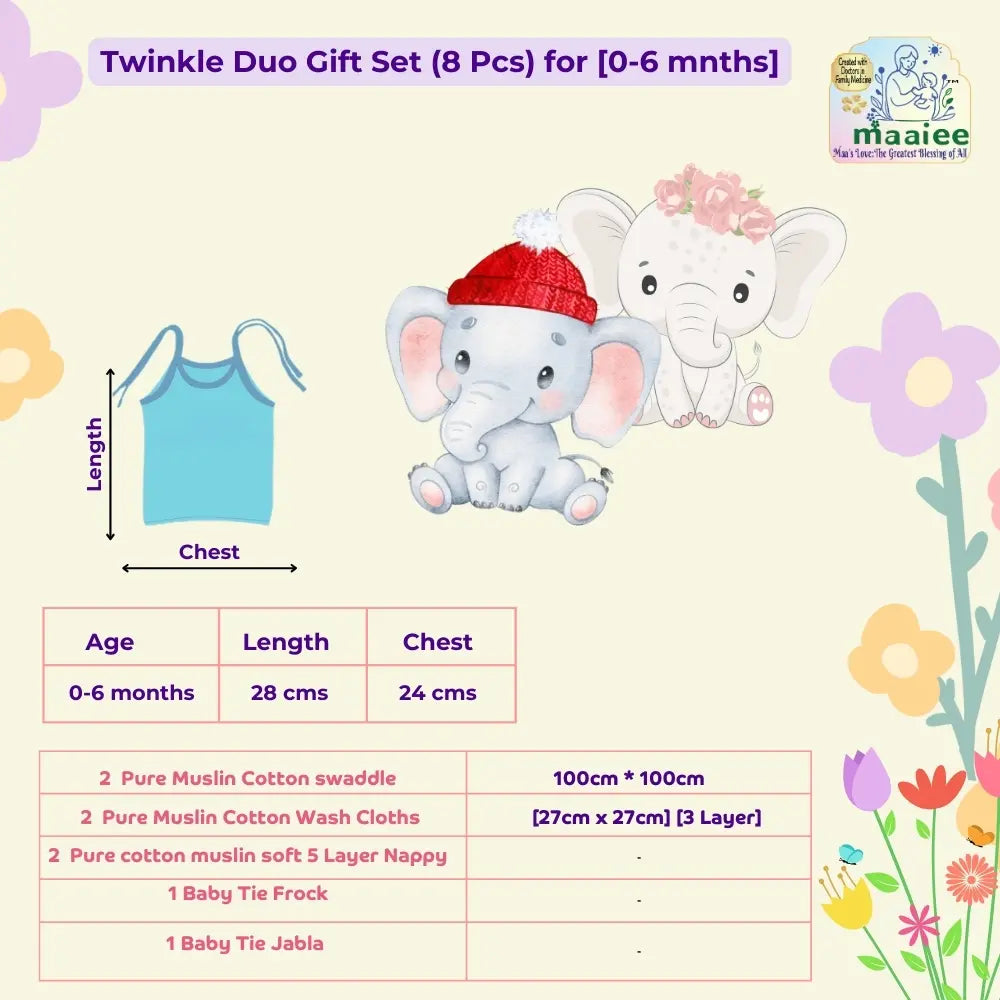 Size guide and contents of the Maaiee Twinkle Duo 8-piece muslin cotton gift set showing measurements for 0–6 months and listing two muslin swaddles, two 3-layer muslin washcloths, two 5-layer muslin nappies, one tie frock, and one tie jabla.