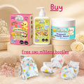 Special newborn care offer featuring Maaiee baby wash, cow ghee baby soap and diaper rash cream with a complimentary cap, mitten and booty set.