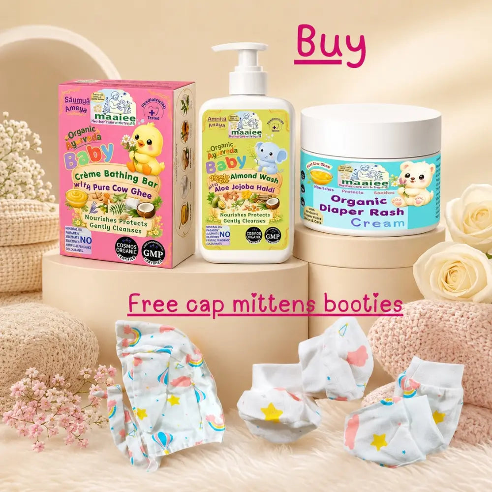 Special newborn care offer featuring Maaiee baby wash, cow ghee baby soap and diaper rash cream with a complimentary cap, mitten and booty set.