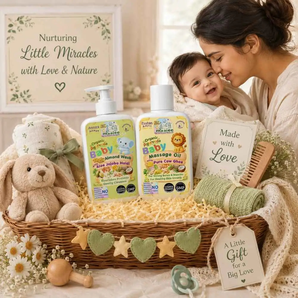 Maaiee Welcome Baby Kit with COSMOS Organic newborn massage oil, head-to-toe baby wash and gentle newborn care essentials