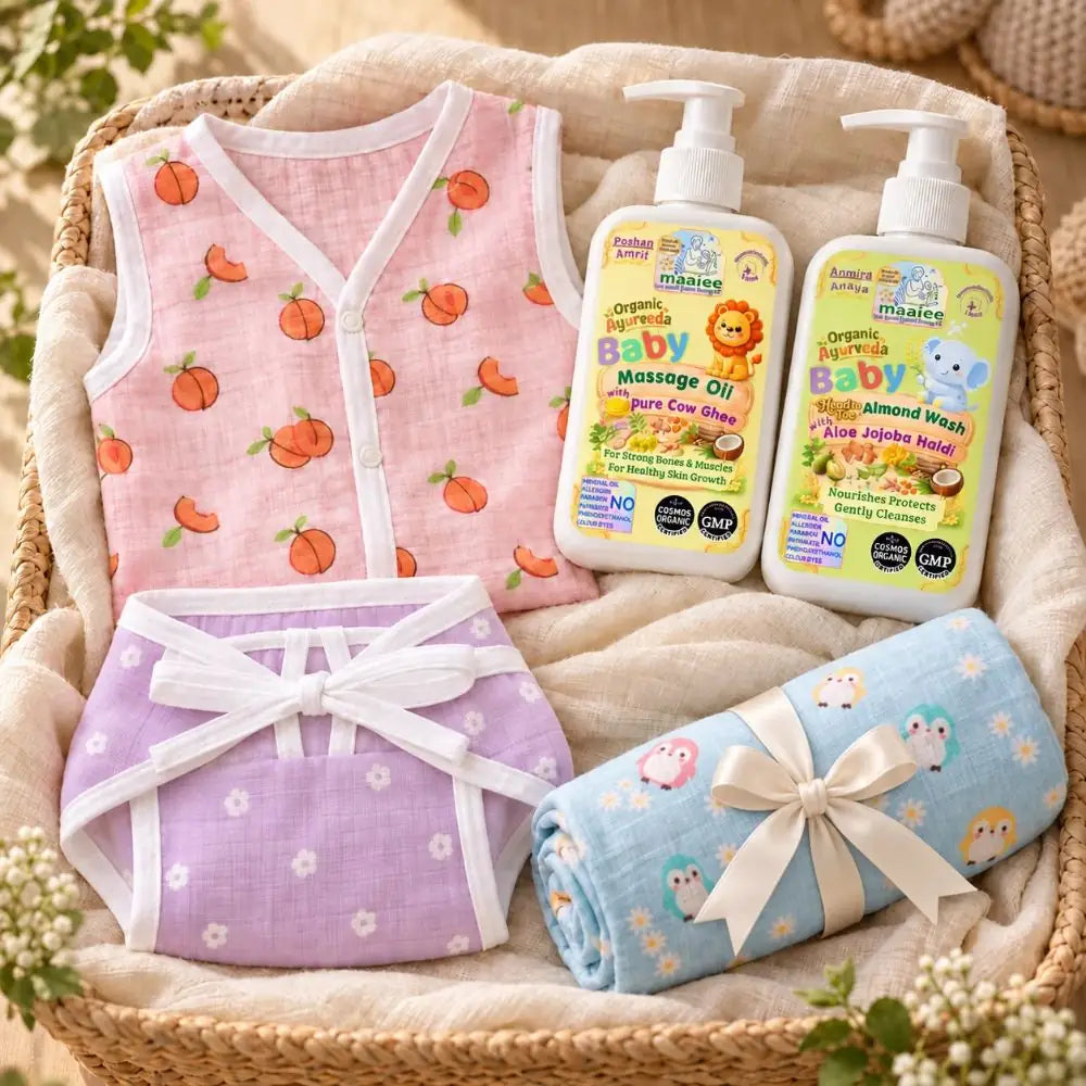 Sneha Dulaar Gift Hamper for Newborn & Mother – Cow Ghee Oil, Almond Wash & Muslin Set