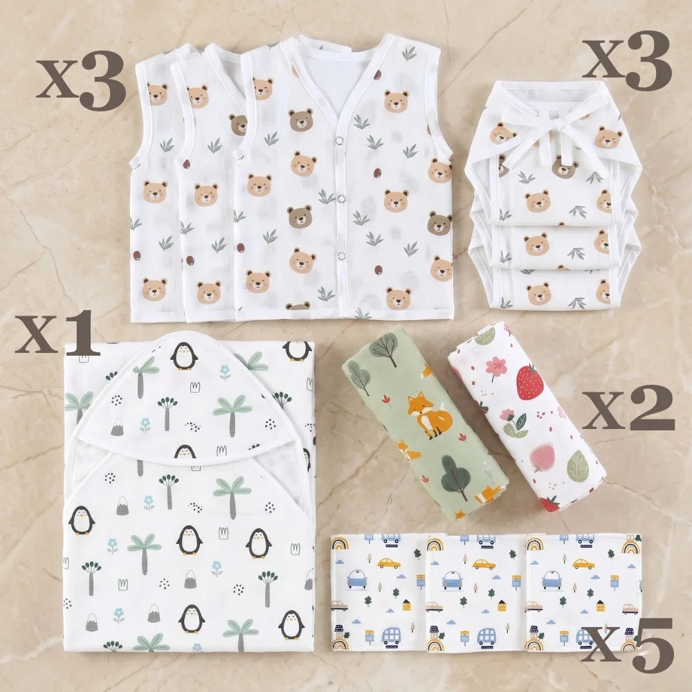 Maaiee muslin newborn starter kit with jabla, nappy, swaddle and towel
