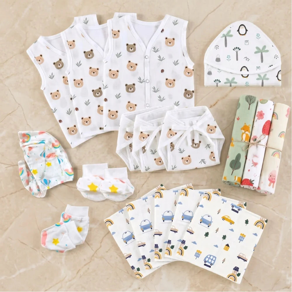 Maaiee newborn gift set with baby clothing, swaddle and bath essentials