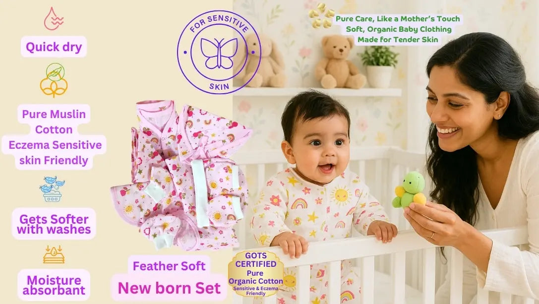 Organic newborn baby essentials gift set with cotton jabla nappy towel mittens booties and wipes