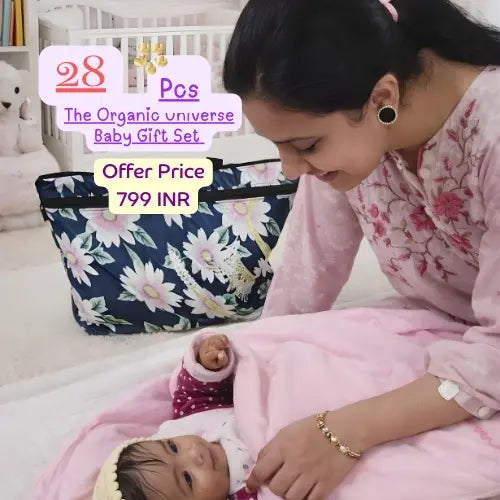 Organic newborn baby gift hamper in India with Maaiee natural baby skincare and cotton essentials perfect for baby shower gifts