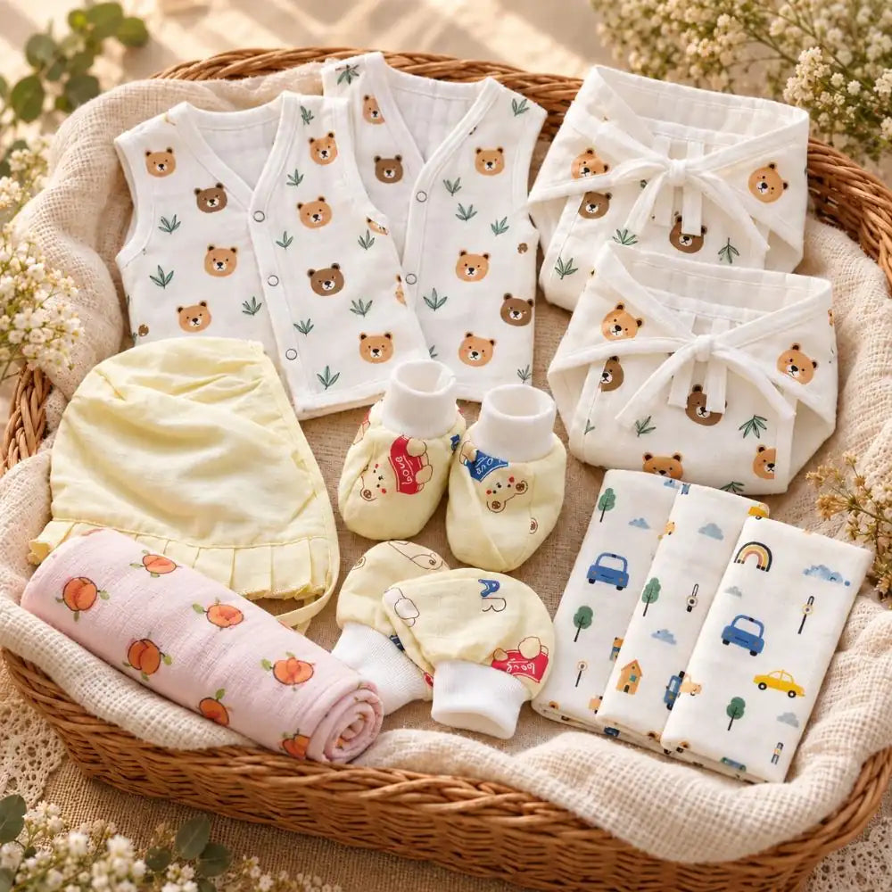 Pehli Shuruaat Newborn Gift Set – 11-Piece Muslin Clothes & Essentials