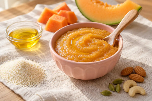 Sathu Maavu papaya halwa for babies in a pink bowl with ghee, suji, papaya and muskmelon