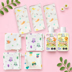 Maaiee Shishu Abhyanga set with cow ghee baby oil, swaddles and reusable wipes