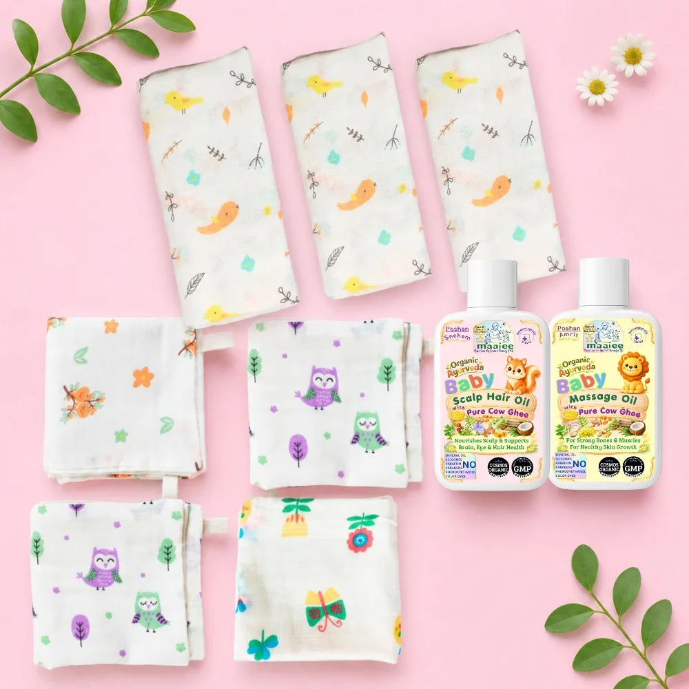 Maaiee Shishu Abhyanga set with cow ghee baby oil, swaddles and reusable wipes