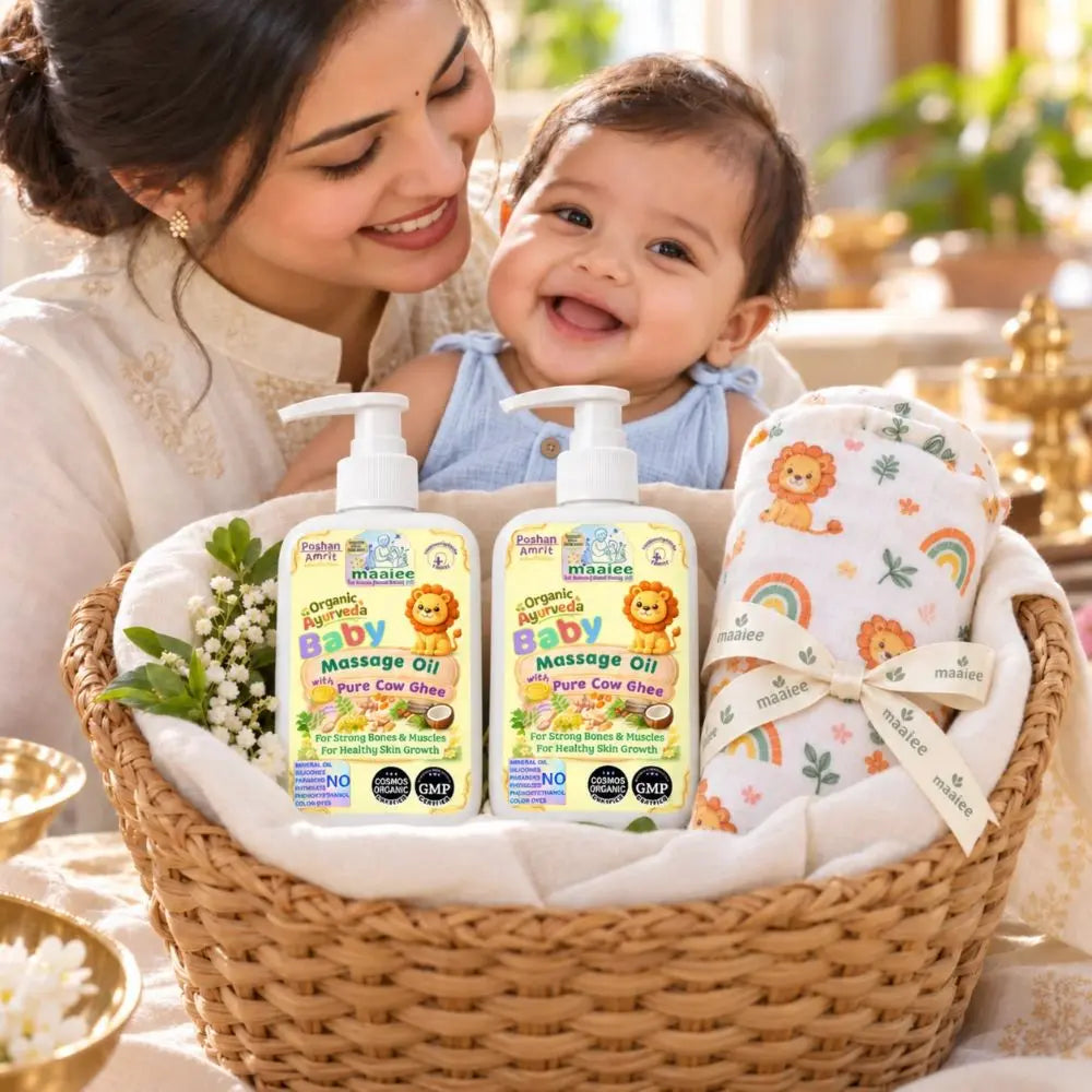 Suvarna Sparsh Newborn Gift Set – Cow Ghee Massage Oils & Muslin Swaddle