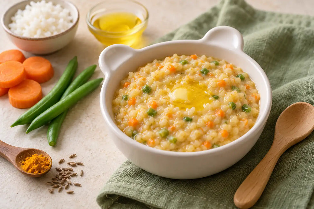Vegetable Sathu Maavu khichdi for babies with rice, carrot, beans and ghee